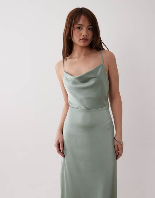 Vila Petite satin cowl neck cami maxi dress in milieu green, 3 of 4