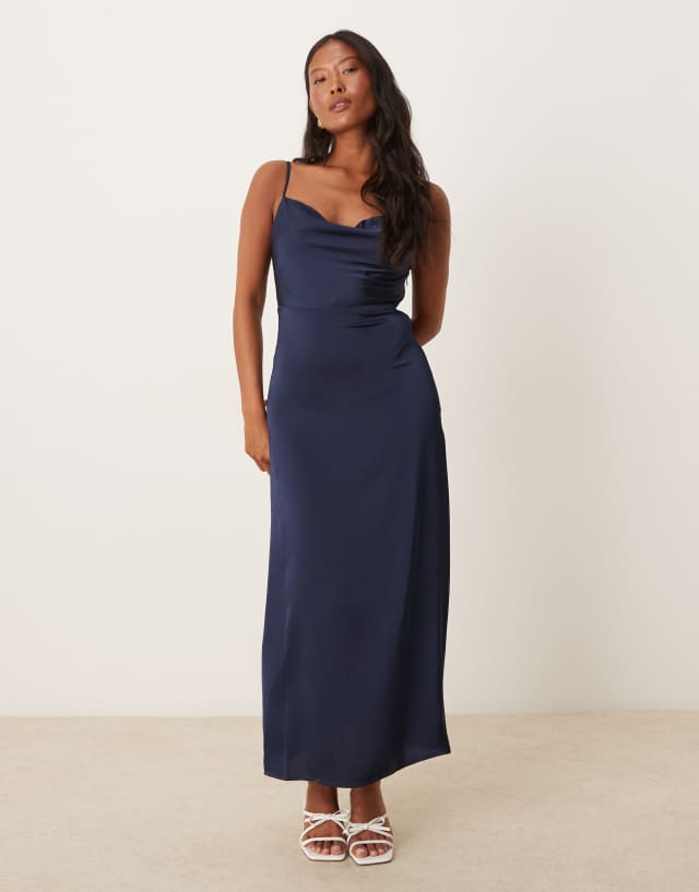 Vila Petite satin cowl neck cami maxi dress in navy | ASOS