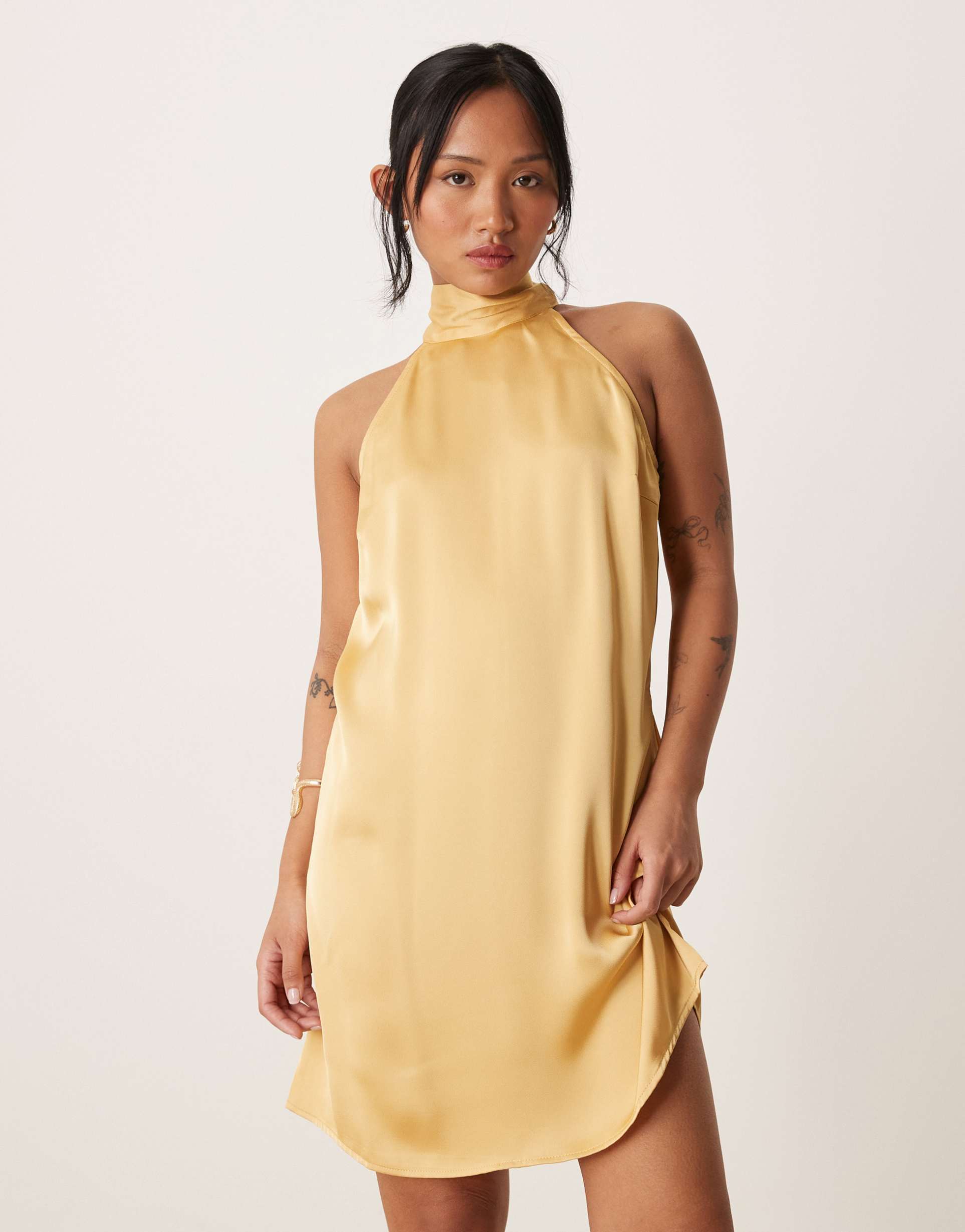 vila petite satin halter mini dress in cornsilk yellow