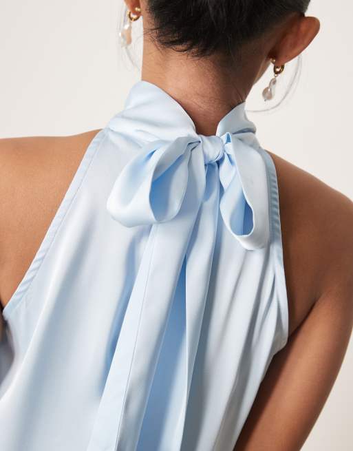VILA Petite satin halter mini dress in pastel blue