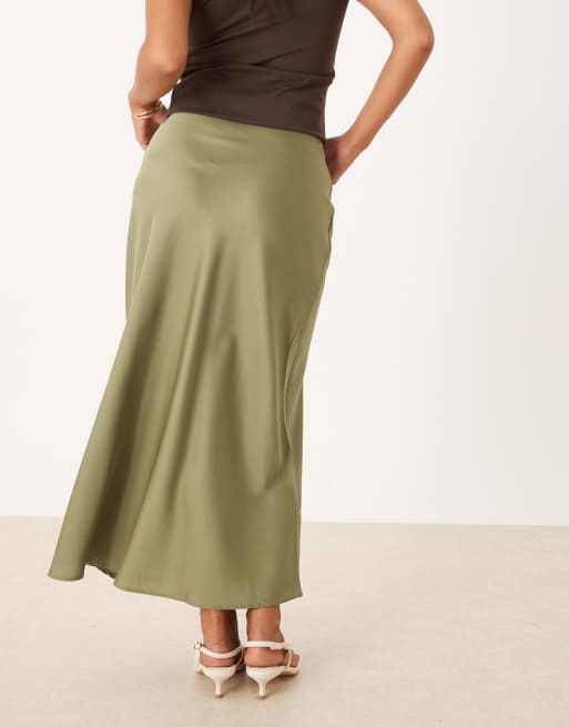 VILA Petite satin maxi skirt in oil green, 4 of 5