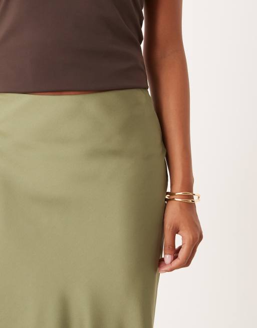 VILA Petite satin maxi skirt in oil green, 5 of 5