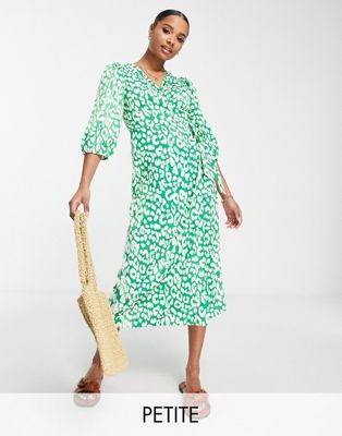 Vila Petite satin midi wrap dress in leopard print green