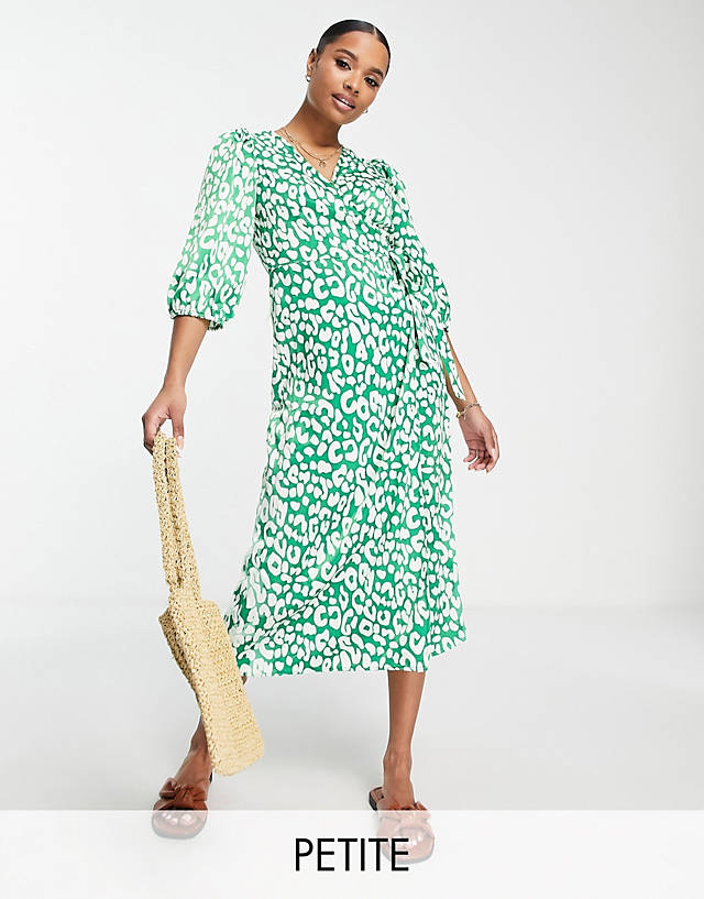 Vila Petite satin midi wrap dress in leopard print green