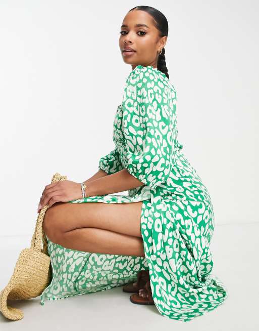 Vila Petite satin midi wrap dress in leopard print green | ASOS