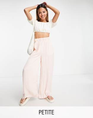 Vila Petite satin wide leg trousers in pink