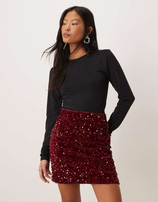 Vila Petite sequin mini skirt in dark red, 5 of 5