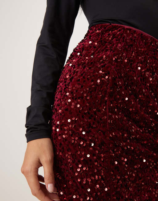 VILA Petite sequined mini skirt in dark red, 4 of 5