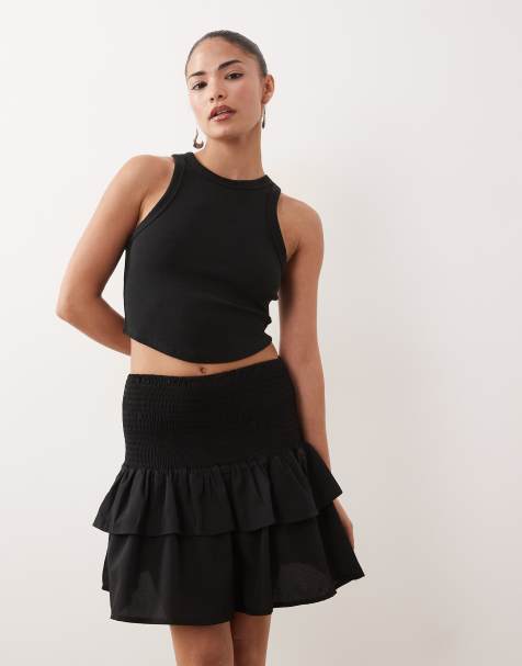 Vila Petite shirred waist tiered mini skirt in black - view 1