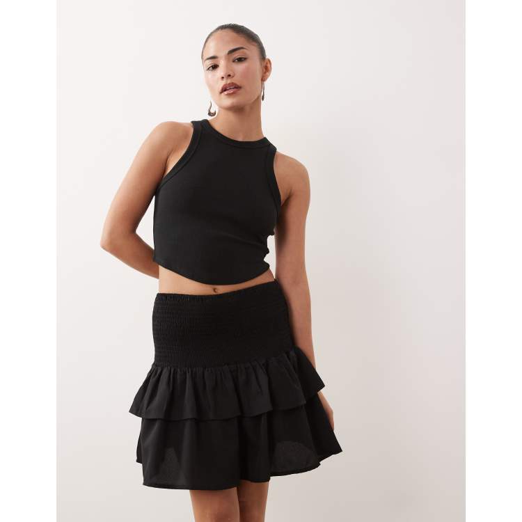 VILA Petite shirred waist tiered mini skirt in black | ASOS