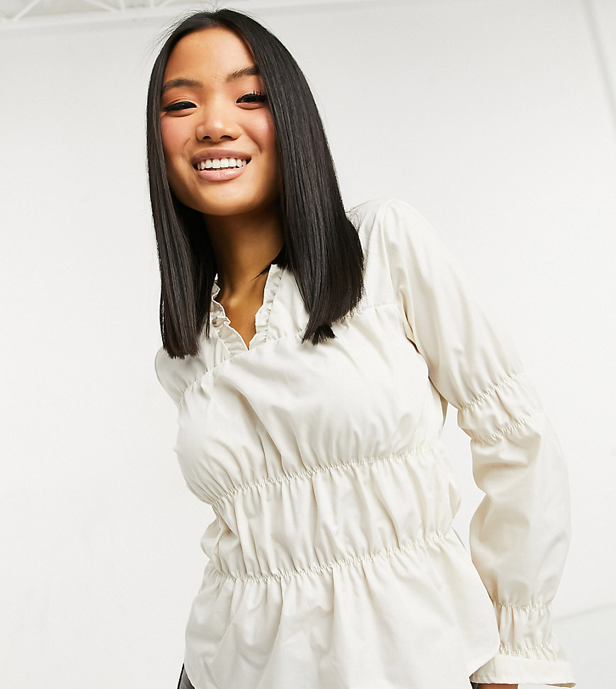Vila petite shirt with gathered ruched detail in cream-White