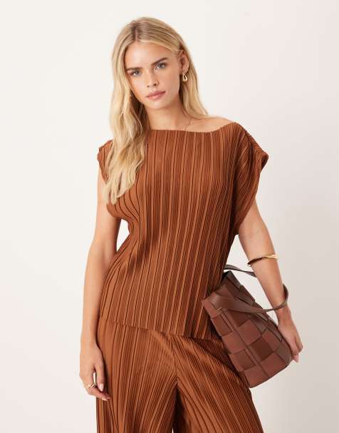 Vila Petite slash neck plisse top co-ord in bronze - view 1