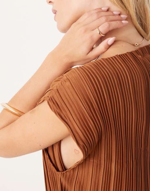 Vila Petite slash neck plisse top co-ord in bronze, 2 of 4