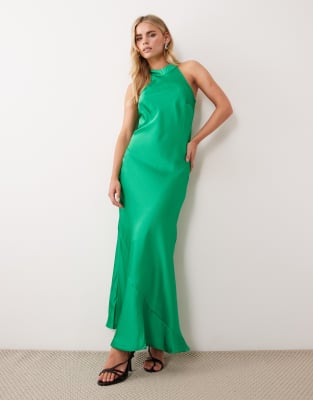 Vila Petite Sleek Satin Halter Maxi Dress In Green