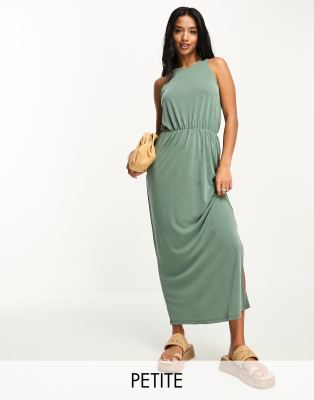 Vila Petite slinky racer neck maxi dress with split sides in green - ASOS Price Checker