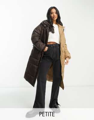 Vila Petite spliced longline padded coat in brown and beige-Neutral