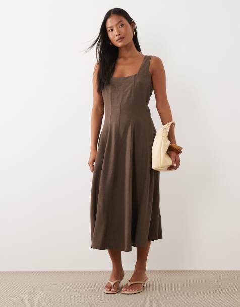 Vila Petite square neck linen-touch midi dress in black - view 1