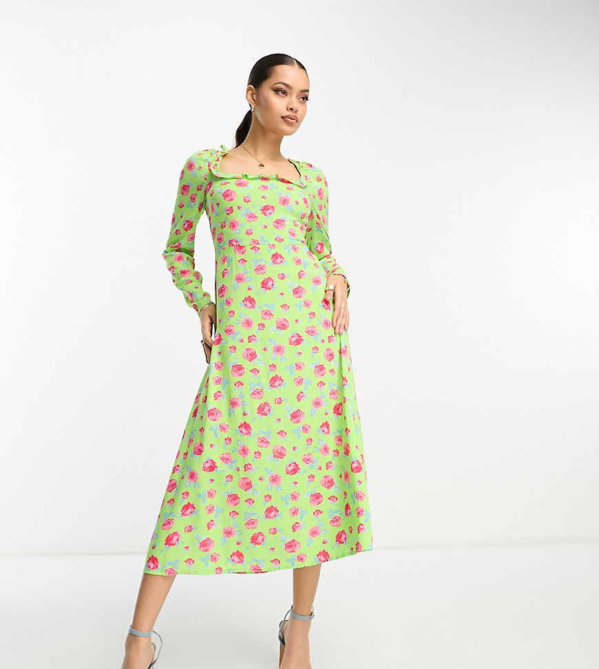 square neck midi dress with lace up back in green floral print-Multi