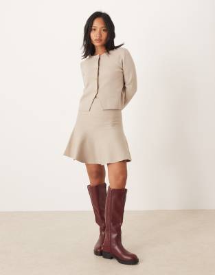 Vila Petite structured knit cardigan and mini skirt set in pale beige