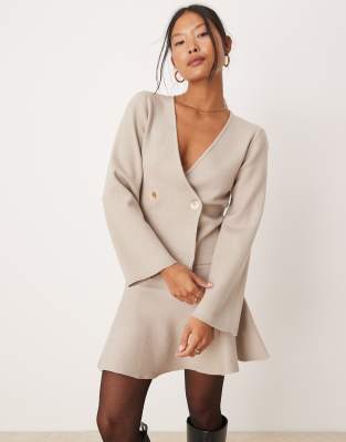 Vila Petite structured knit wrap cardigan co-ord in natural melange-Neutral
