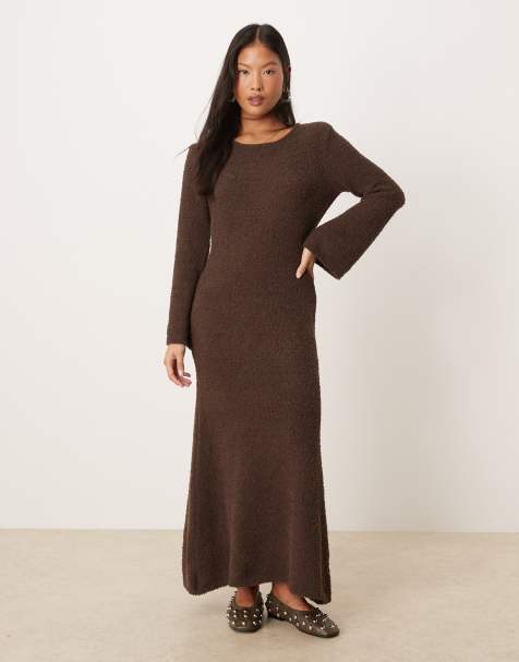 Vila Petite super soft fluffy maxi jumper dress in chocolate brown