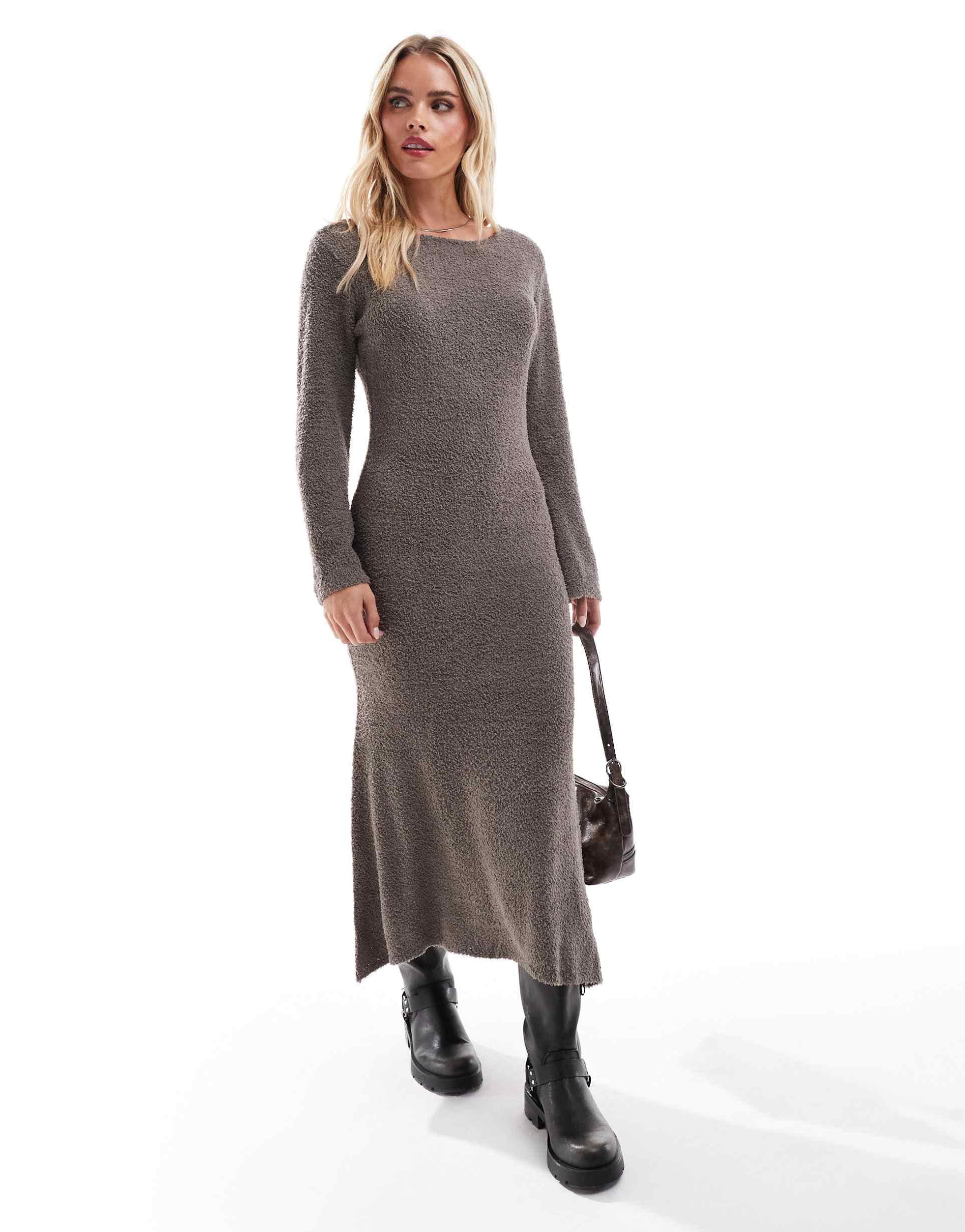 vila petite super soft fluffy maxi sweater dress in brown