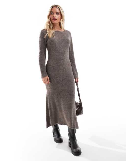 Vila Petite super soft fluffy maxi sweater dress in brown