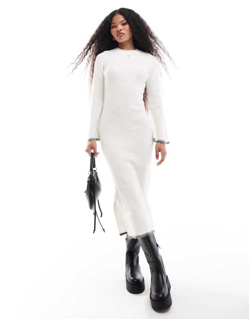 Vila Petite super soft knitted midi dress with contrast edge in winter white ASOS