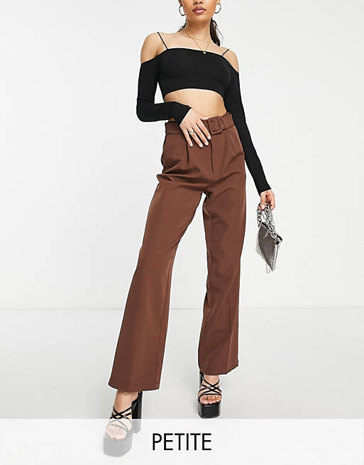 Vila Petite tailored suit wide leg pants with belt in chocolate brown (part of a set)