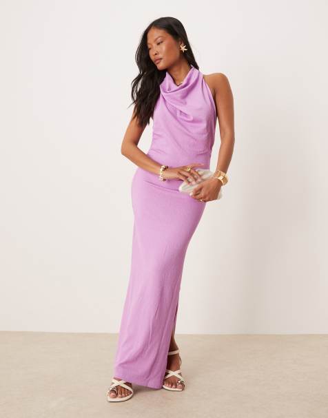 Vila petite textured cowl neck low back maxi dress in violet - view 1