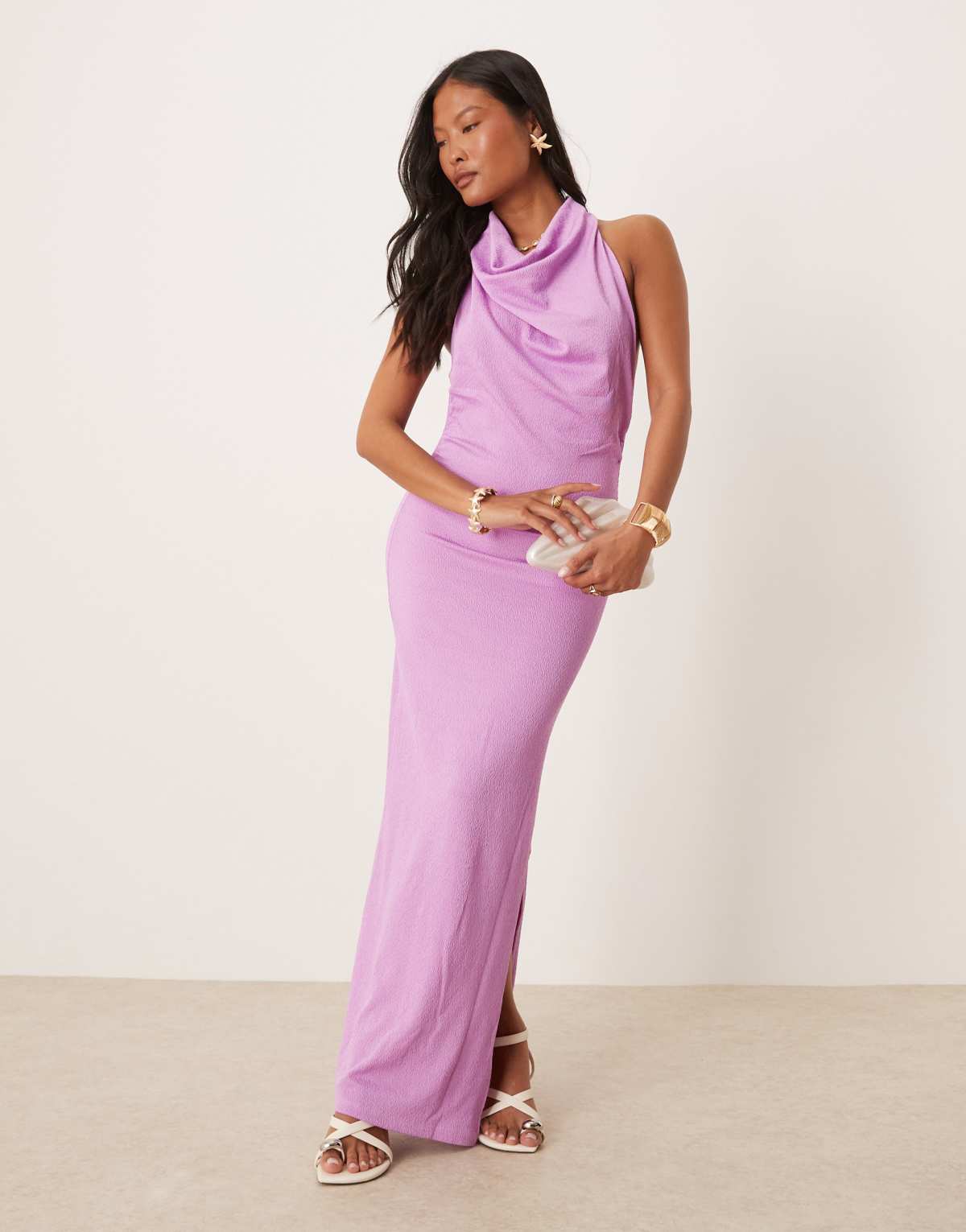 Vila petite textured cowl neck low back maxi dress in violet