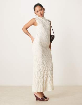 textured jersey maxi dress in cream-White