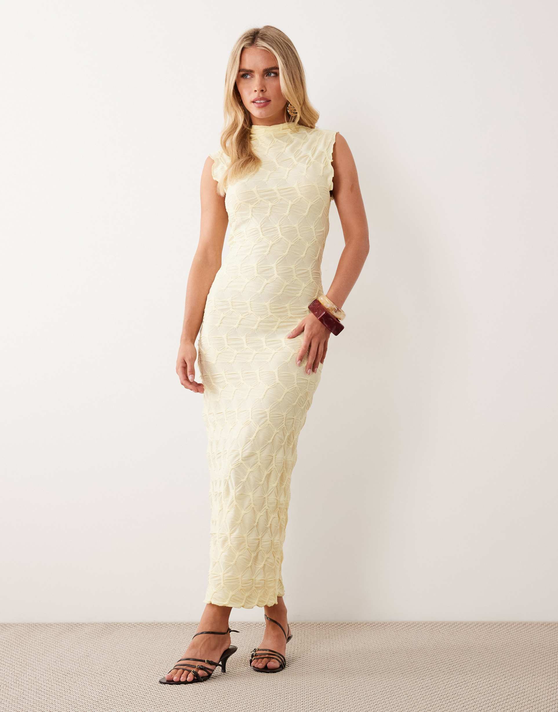 vila petite textured jersey midaxi dress in pastel yellow
