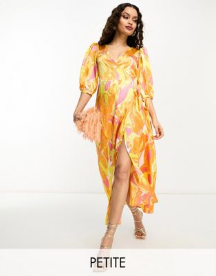 Vila Petite textured satin wrap midi dress in orange abstract print-Multi