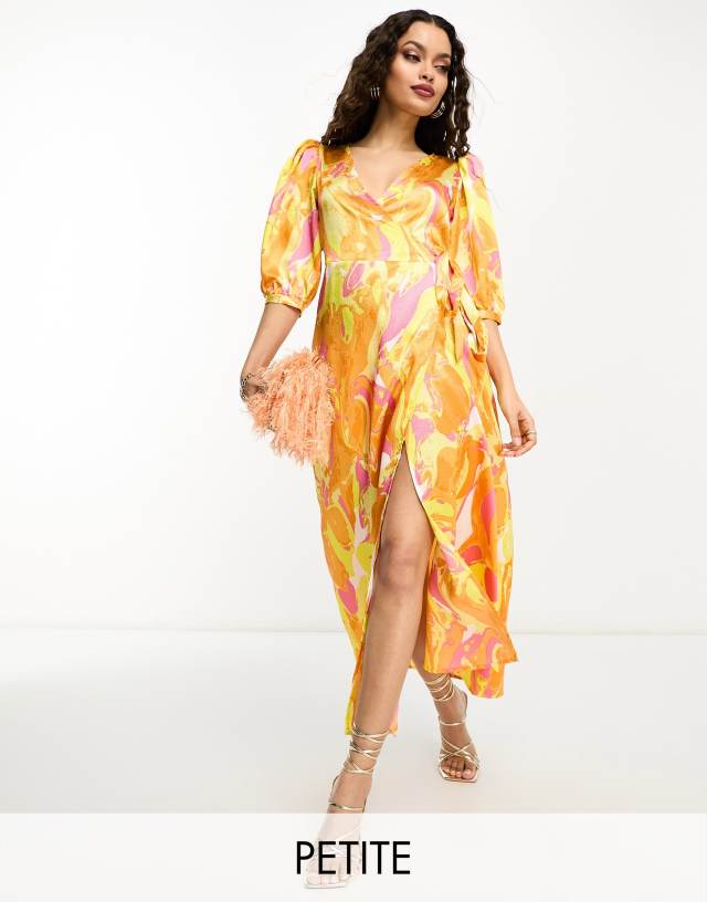 Vila Petite - textured satin wrap midi dress in orange abstract print