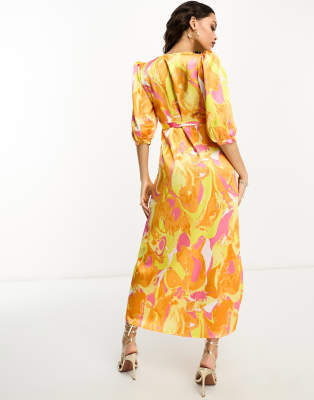 Vila Petite Textured Satin Wrap Midi Dress In Multi