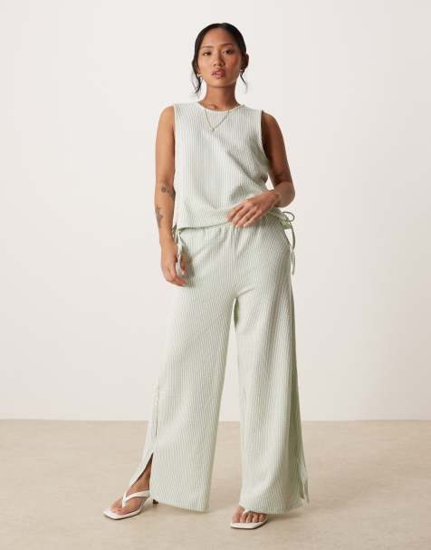 VILA Petite textured stripe sleeveless tie side top and wide pants set in green and cream - view 1