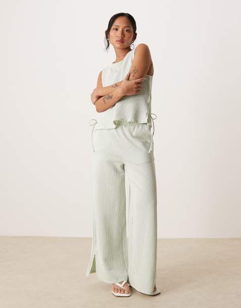 Vila Petite textured stripe wide leg trouser co-ord in green and cream