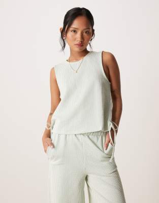 Vila Petite textured stripes sleeveless tie sides top in green and cream - part of a set