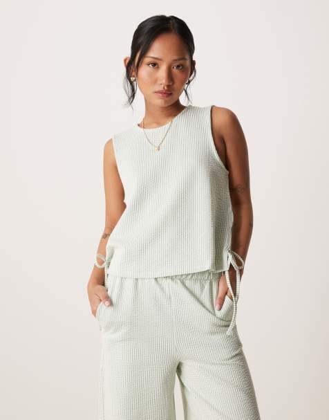 Vila Petite textured stripes sleeveless tie sides top in green and cream - part of a set - view 1