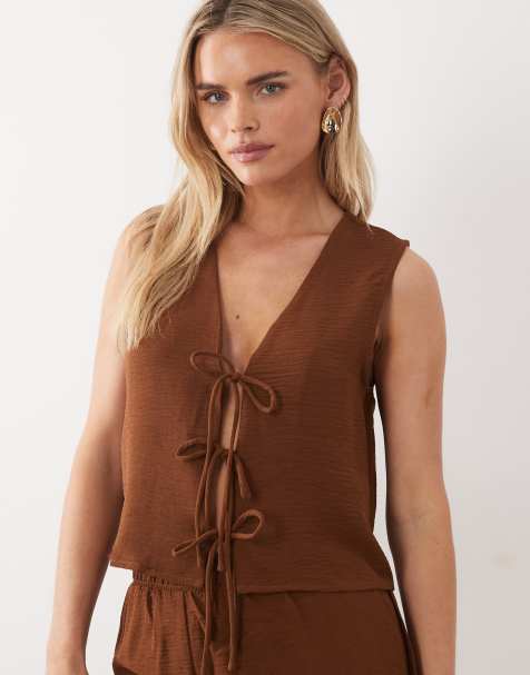 VILA Petite tie front textured singlet in carafe brown (part of a set) - view 1