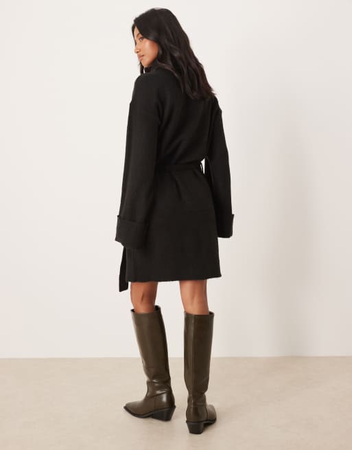 VILA Petite tie waist high neck knit mini dress in black, 4 of 4