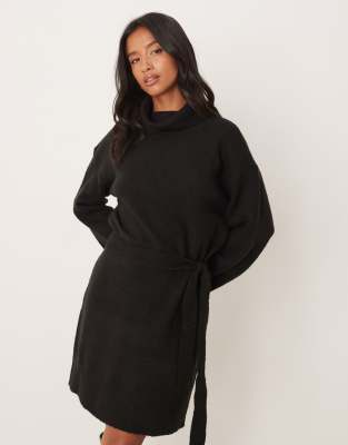 Vila Petite Vila Petite tie waist high neck knitted mini dress in black
