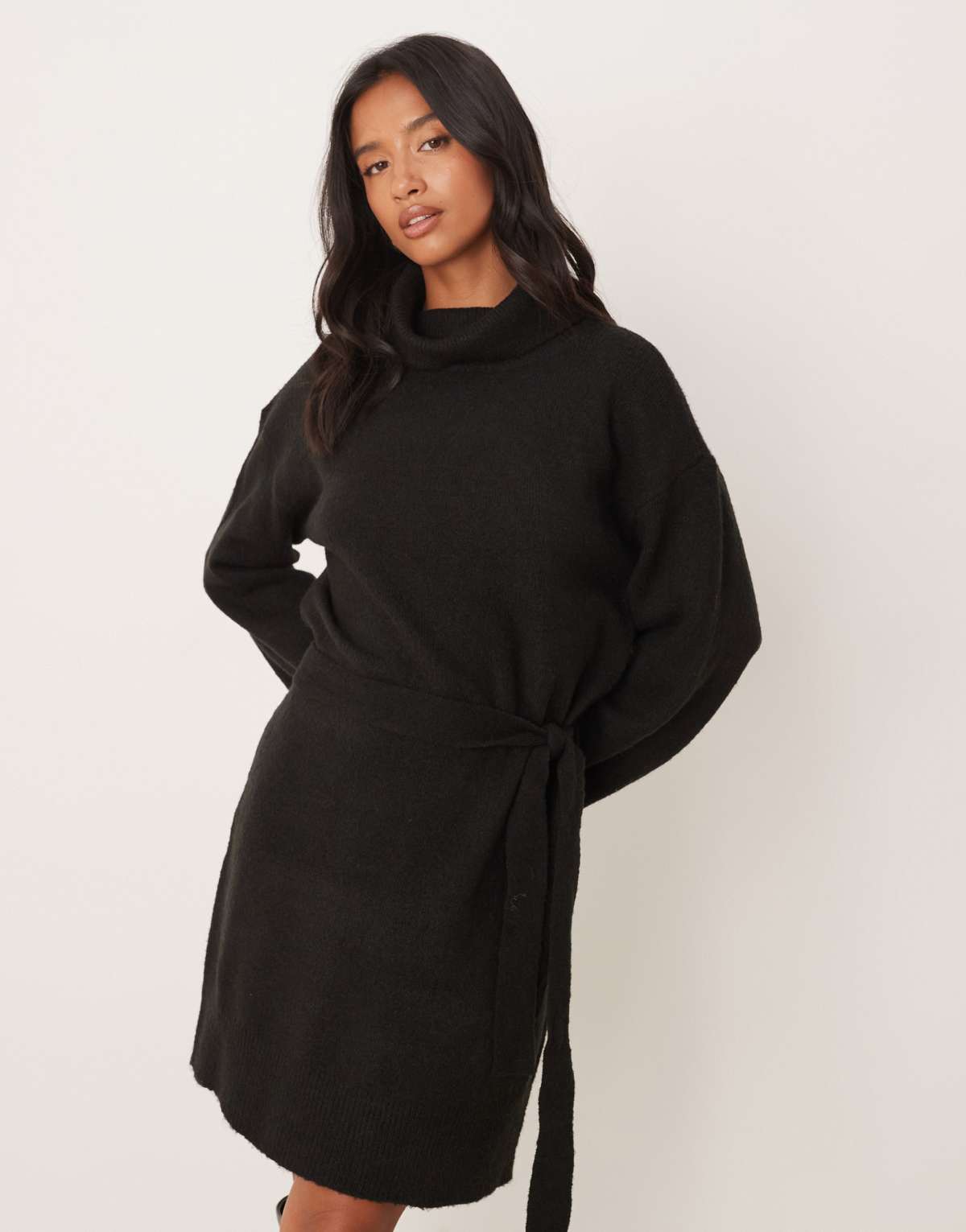 Vila Petite tie waist high neck knitted mini dress in black