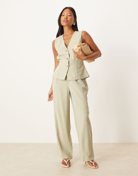 Vila Petite tie waist tailored waistcoat and trouser set in sage green - view 1