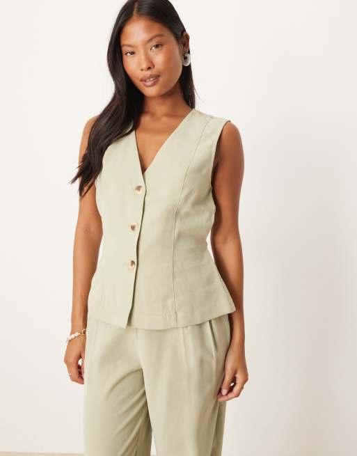 VILA Petite tie waist tailored waistcoat in sage green (Part of a set)