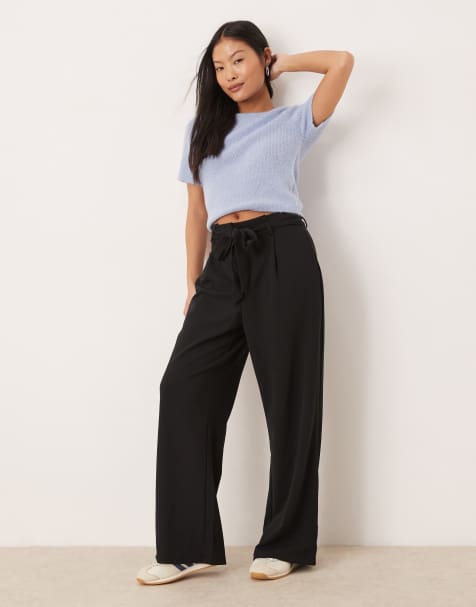 VILA Petite tie waist wide leg pants in black - view 1
