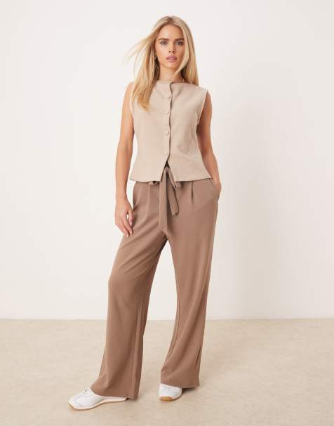 Vila Petite tie waist wide leg pants in fossil brown - view 1