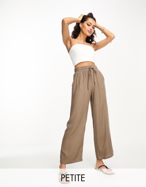 Vila Petite tie waist wide leg pants in stone