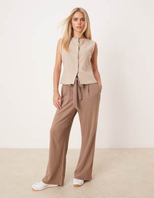 Vila Petite Vila Petite tie waist wide leg trouser in fossil brown